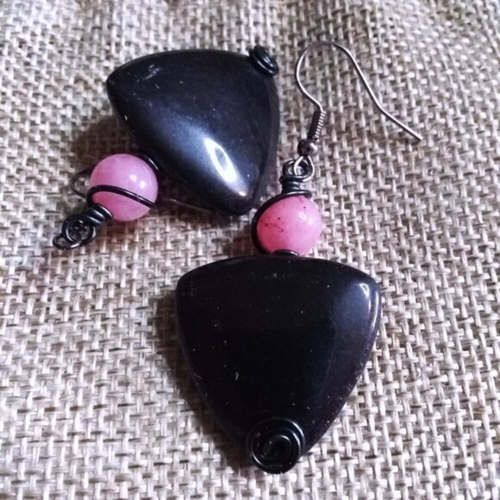 "Little Black Dress" Statement Earrings: Black Jasper & Pink Agate - Picture 8 of 10